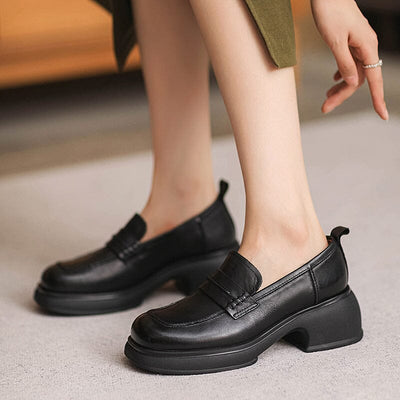 Women Autumn Retro Leather Chunky Lug Sole Loafers