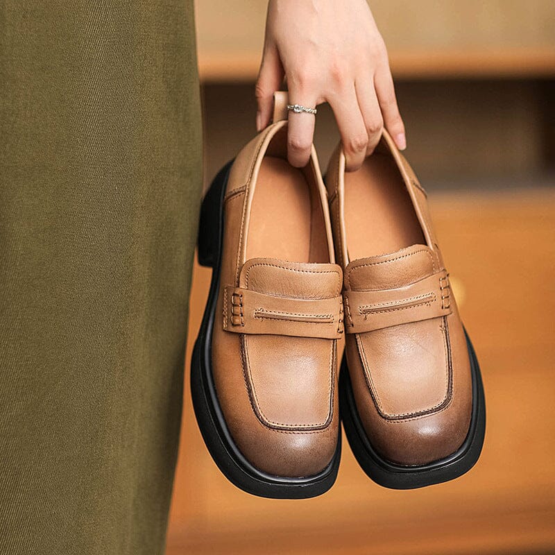 Women Autumn Retro Leather Chunky Lug Sole Loafers