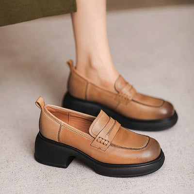 Women Autumn Retro Leather Chunky Lug Sole Loafers