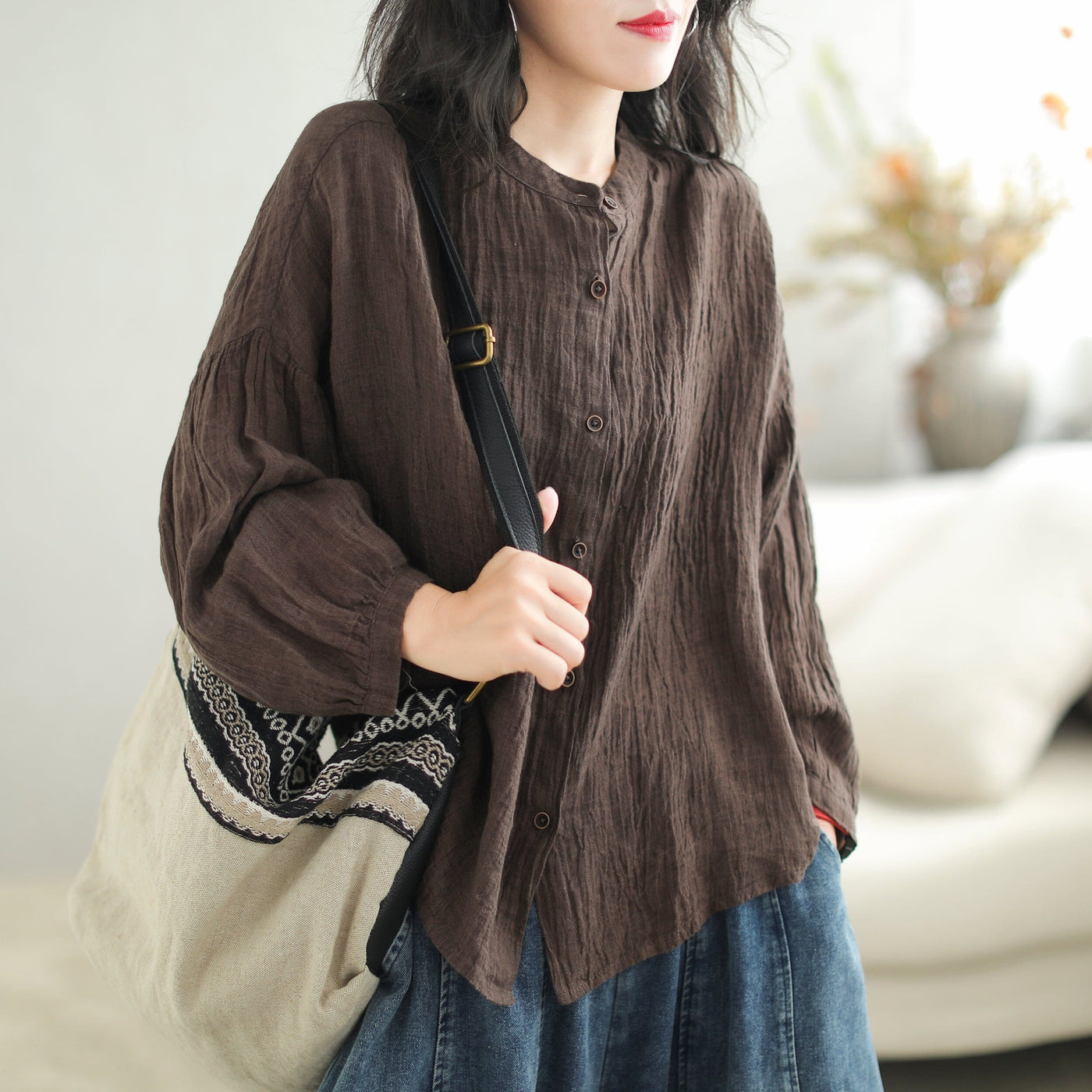 Women Autumn Retro Loose Linen Blouse