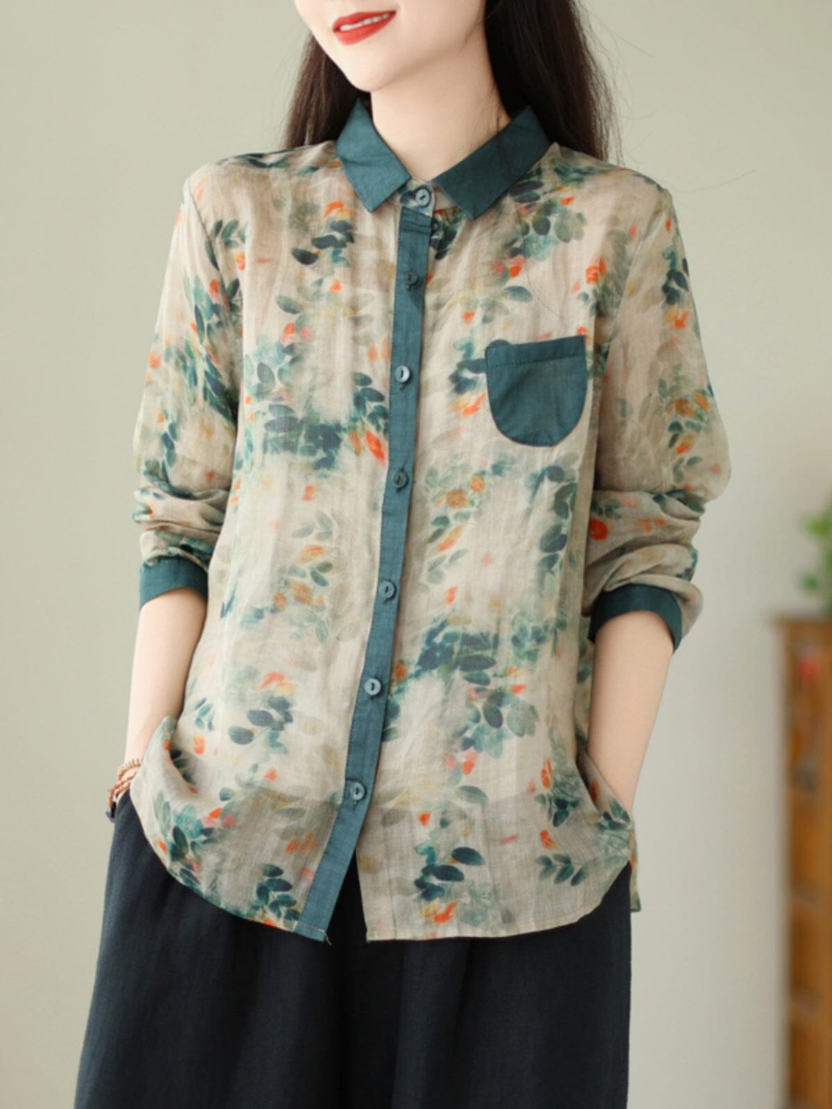 Women Autumn Retro Print Loose Casual Blouse