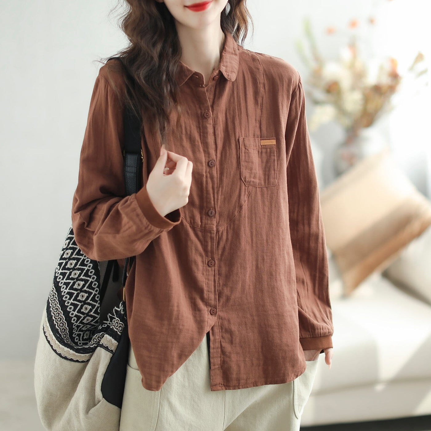 Women Casual Loose Solid Cotton Autumn Blouse