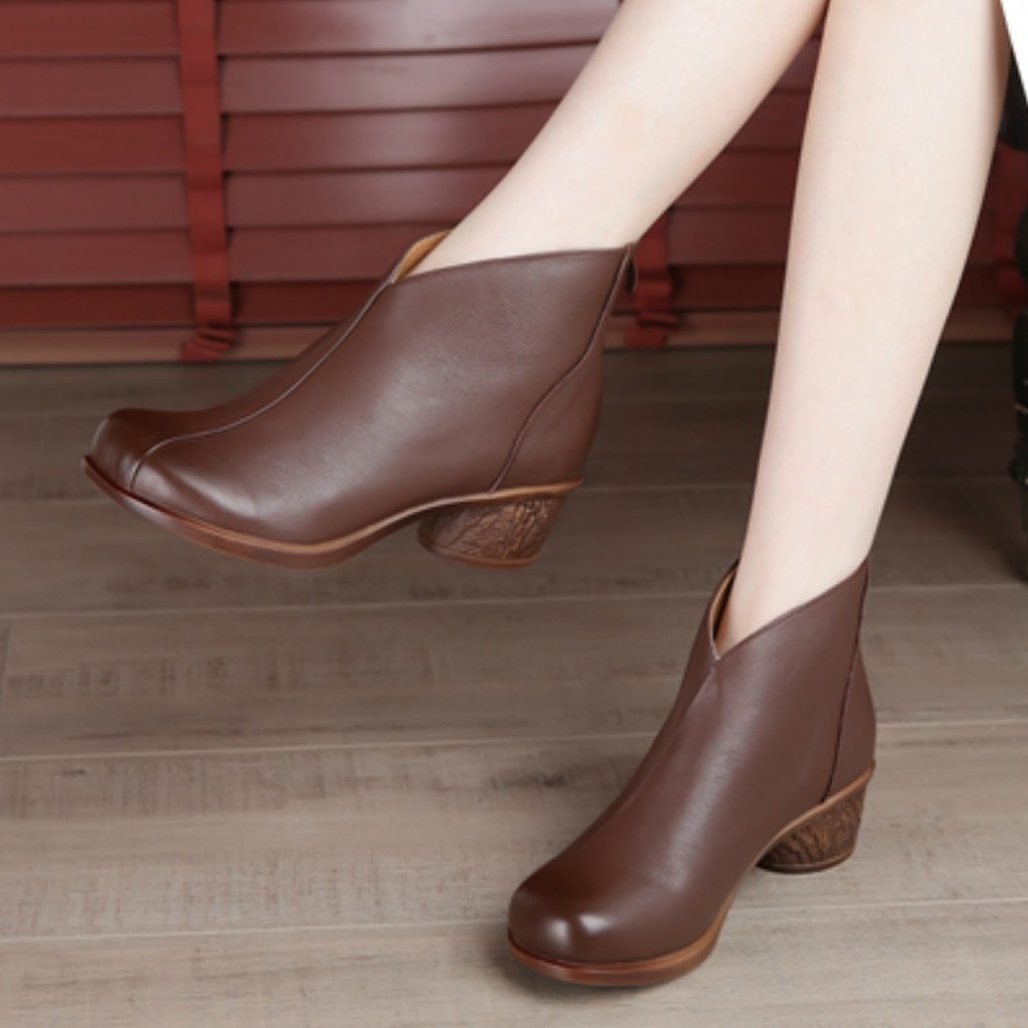 Women Chunky Heel Handmade Leather Ankle Boots