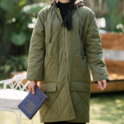 Women Green Retro Hooded Quilted Warm Cotton Coat