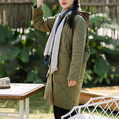 Women Green Retro Hooded Quilted Warm Cotton Coat