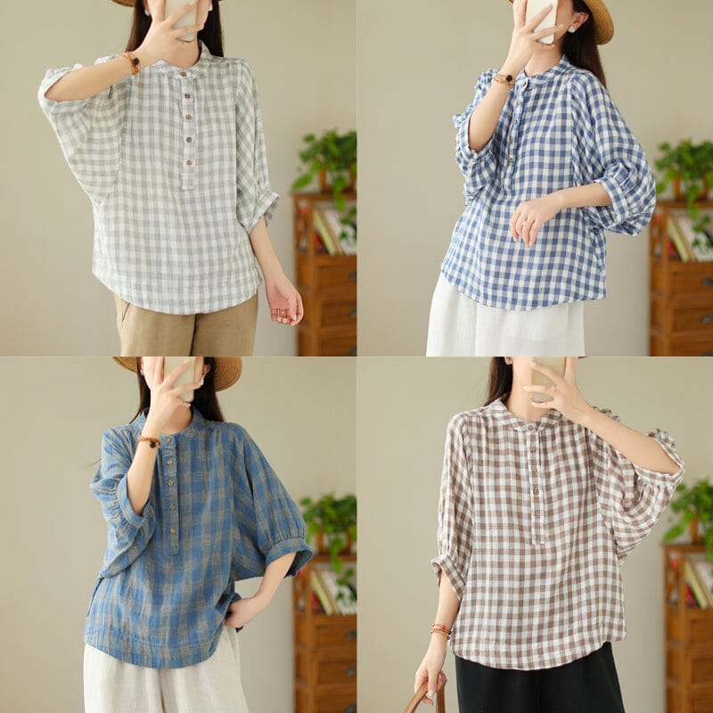 Women Loose Casual Summer Plaid Blouse