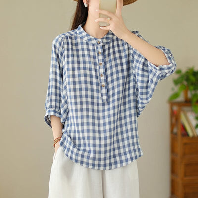 Women Loose Casual Summer Plaid Blouse