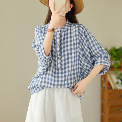 Women Loose Casual Summer Plaid Blouse