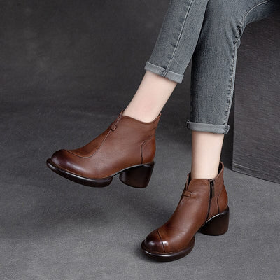 Women Minimalist Retro Leather Chunky Heel Boots