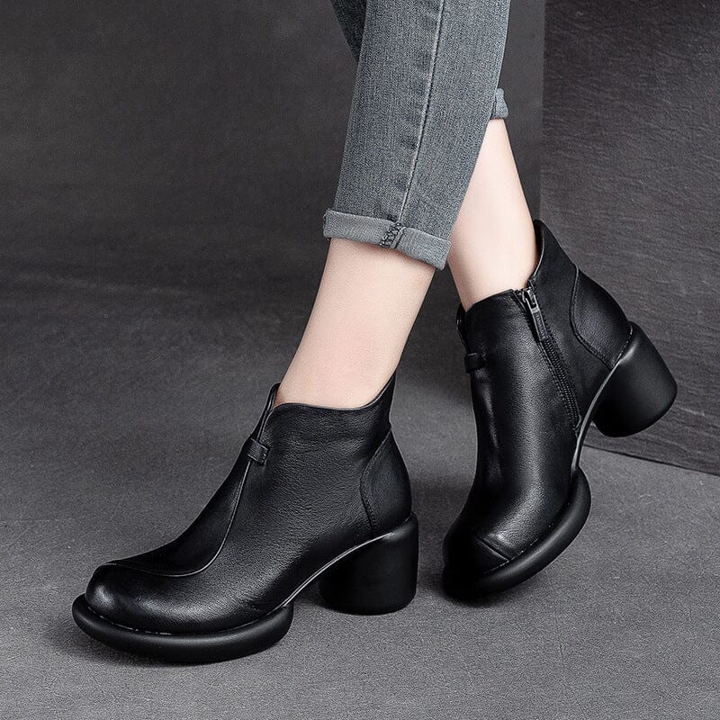 Women Minimalist Retro Leather Chunky Heel Boots