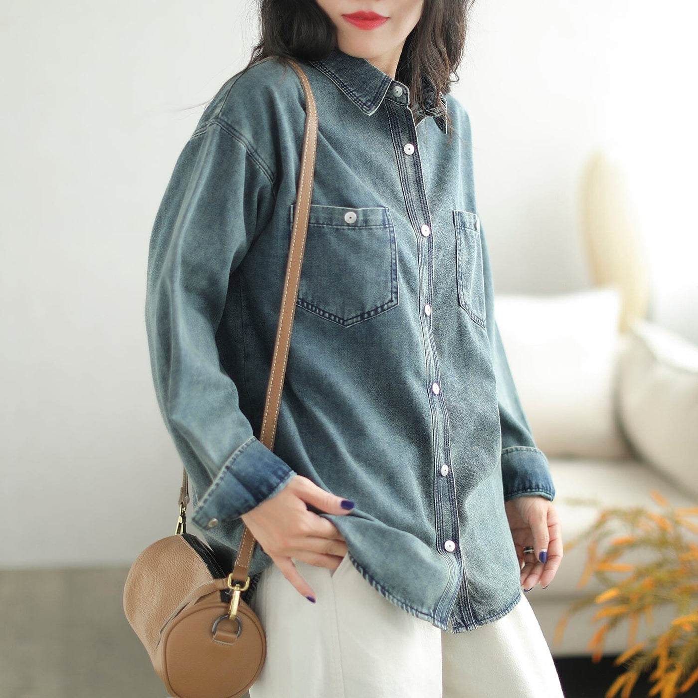 Women Retro Casual Loose Cotton Denim Blouse