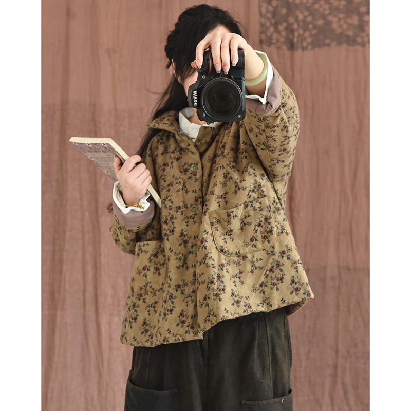 Women Retro Cotton Padded Loose Floral Coat