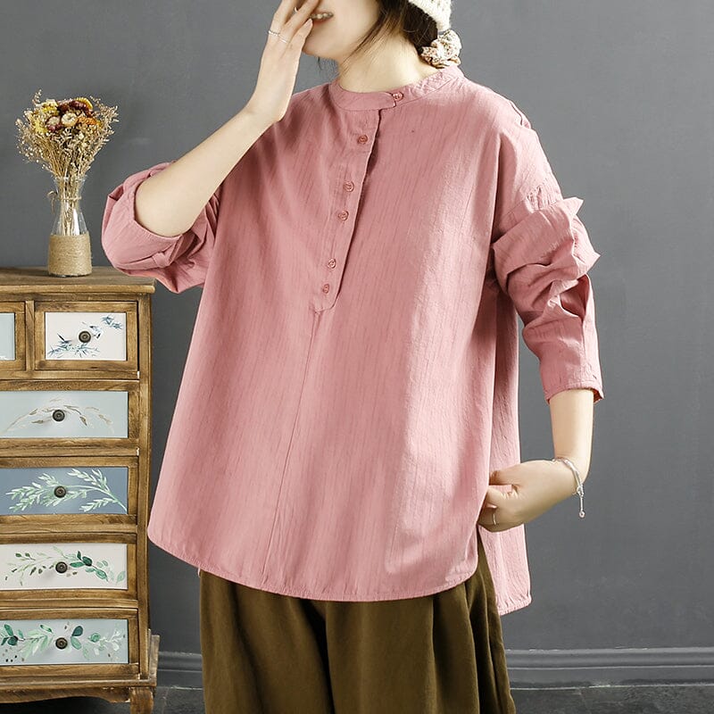 Women Retro Loose Cotton Solid Blouse