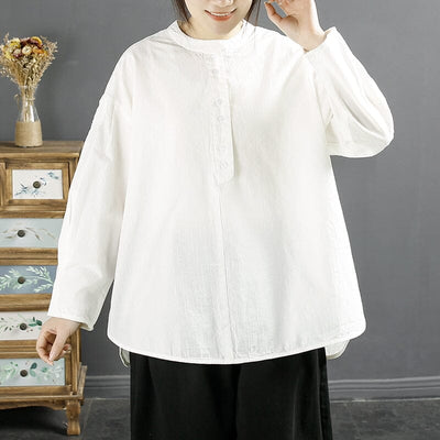 Women Retro Loose Cotton Solid Blouse