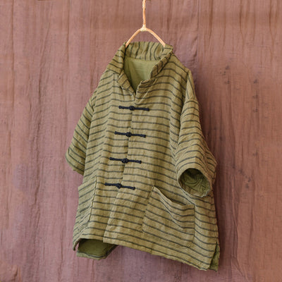 Women Retro Loose Linen Cotton Padded Stripe Blouse