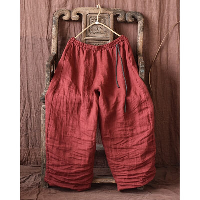 Women Retro Loose Solid Linen Bloomers