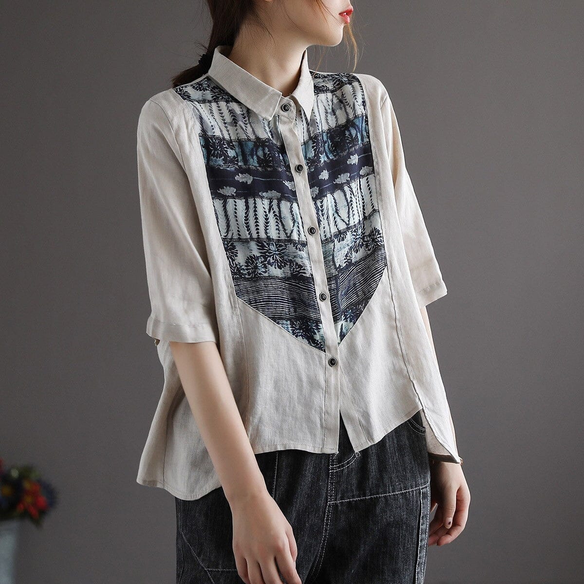 Women Retro Patchwork Linen Casual Blouse