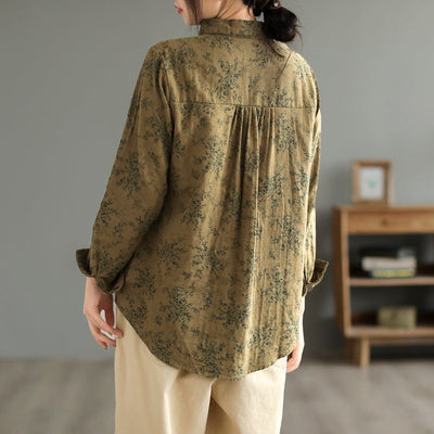 Women Spring Retro Print Loose Cotton Linen Blouse