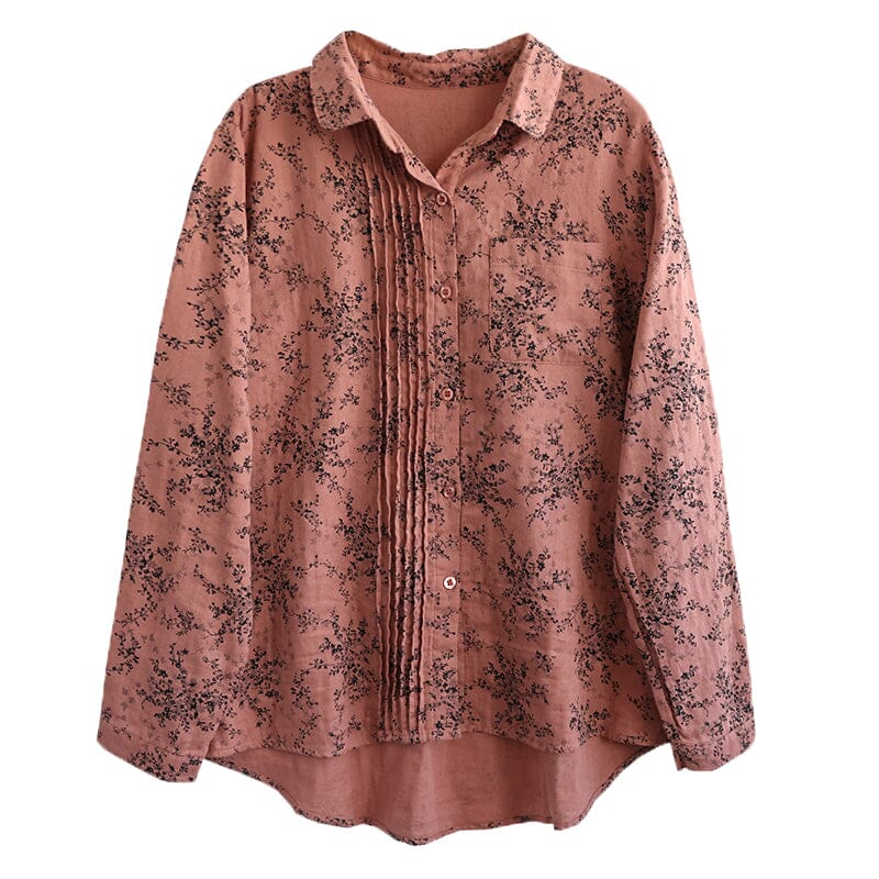 Women Spring Retro Print Loose Cotton Linen Blouse