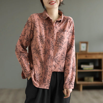 Women Spring Retro Print Loose Cotton Linen Blouse