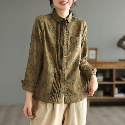 Women Spring Retro Print Loose Cotton Linen Blouse