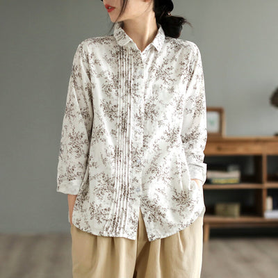 Women Spring Retro Print Loose Cotton Linen Blouse