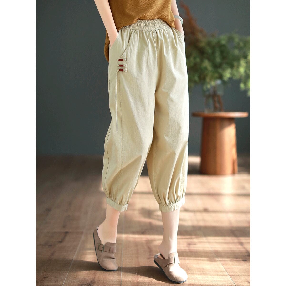 Women Summer Cottotton Solid Calf-length Harem Pants