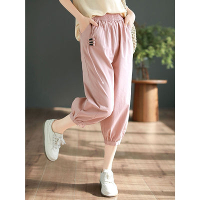 Women Summer Cottotton Solid Calf-length Harem Pants