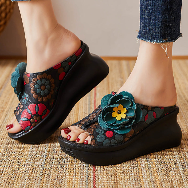 Women Summer Leather Vintage Wedge Slippers – Babakud
