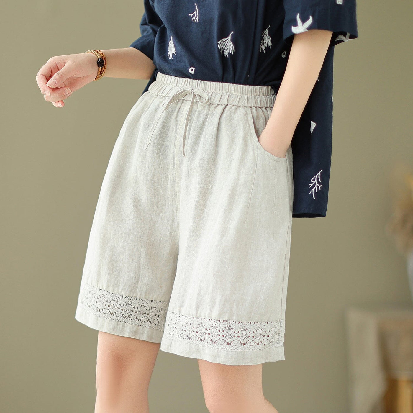 Women Summer Linen Embroidery Hollow Loose Shorts