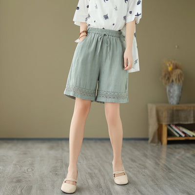 Women Summer Linen Embroidery Hollow Loose Shorts