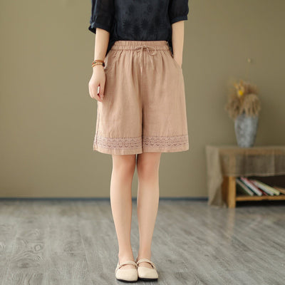 Women Summer Linen Embroidery Hollow Loose Shorts