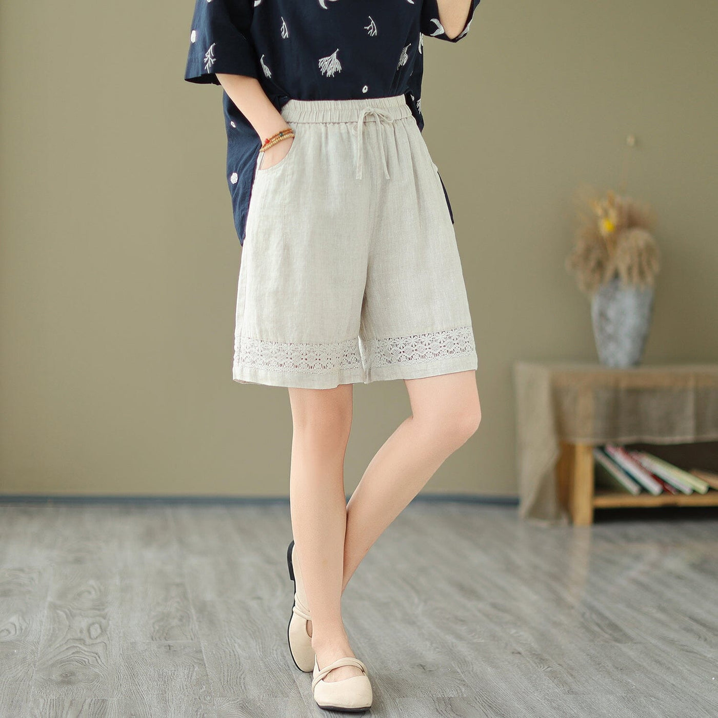 Women Summer Linen Embroidery Hollow Loose Shorts