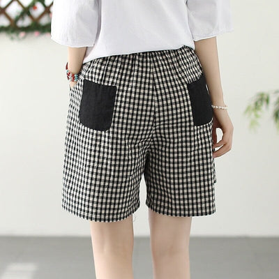 Women Summer Loose Plaid Cotton Loose Shorts