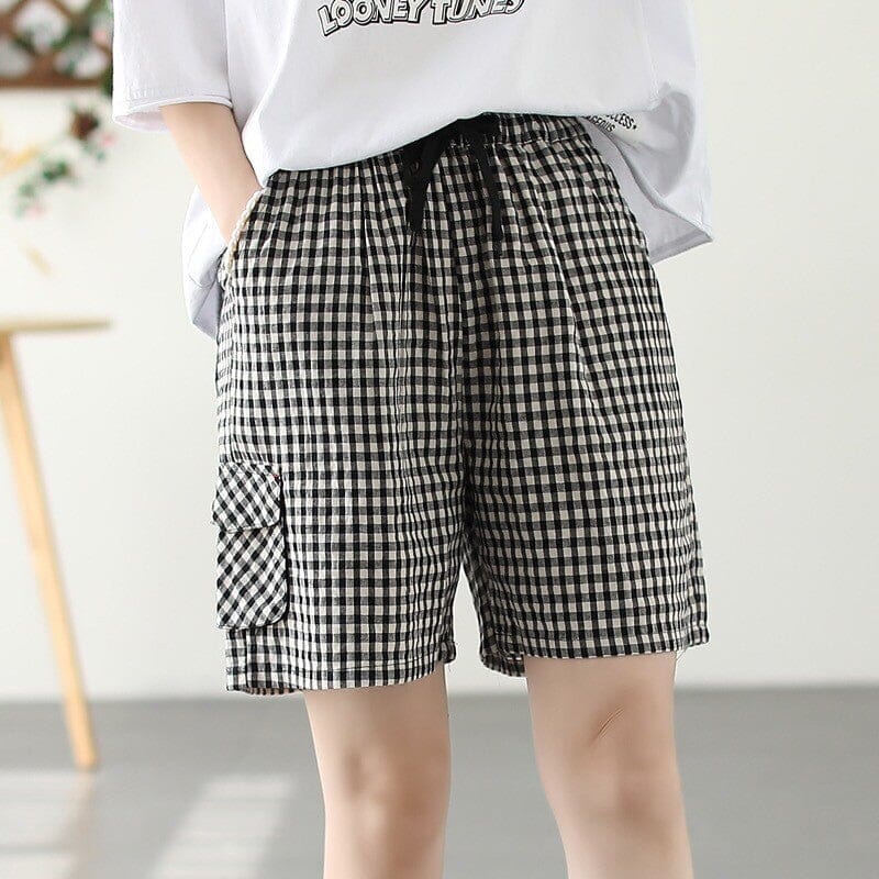 Women Summer Loose Plaid Cotton Loose Shorts