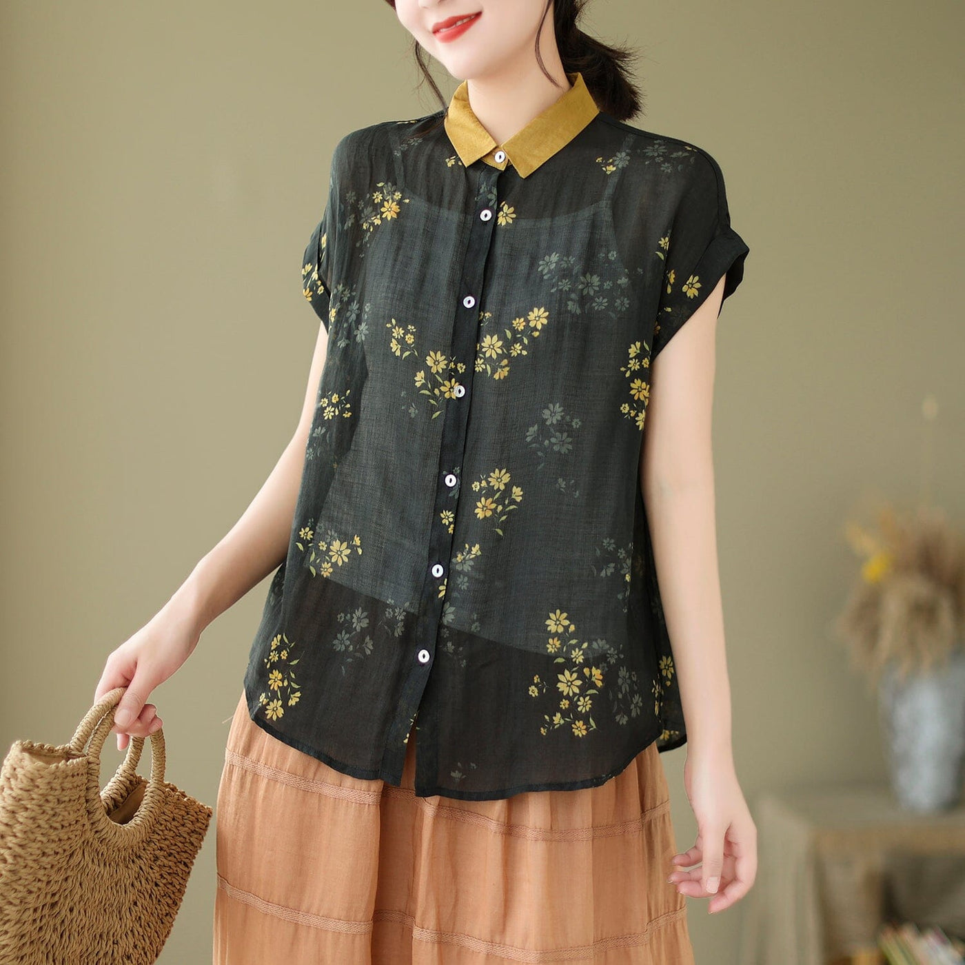 Women Summer Retro Floral Linen Blouse