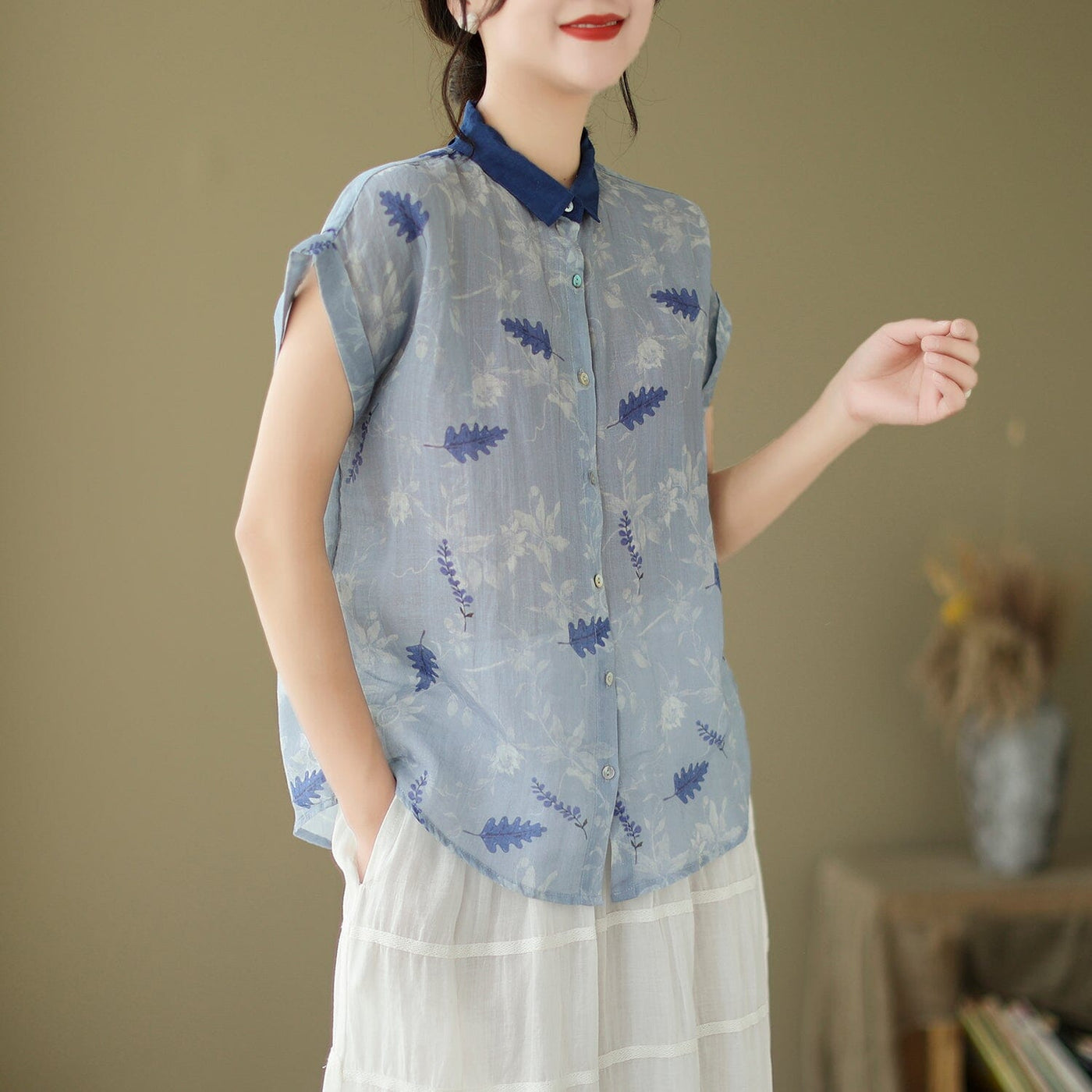 Women Summer Retro Floral Linen Blouse