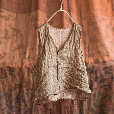 Women Summer Retro Floral Linen Loose Waistcoat