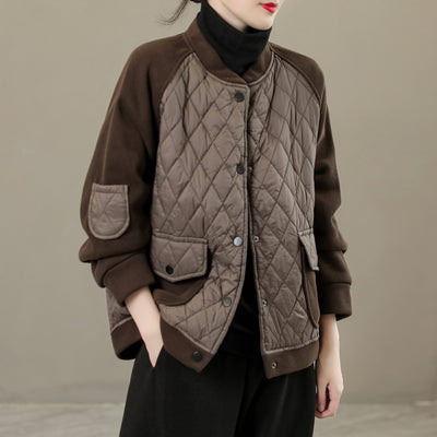 Women Winter Cotton Padded Rhombus Patchwork Jacket