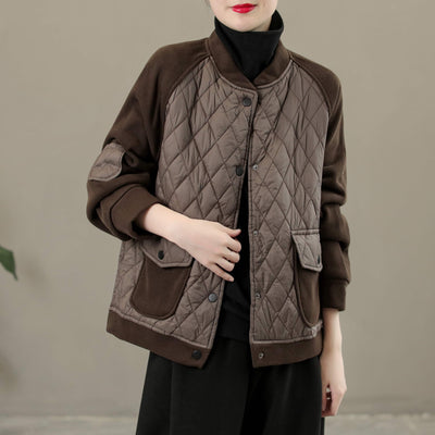 Women Winter Cotton Padded Rhombus Patchwork Jacket