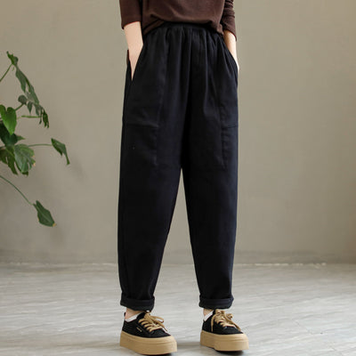 Women Winter Cotton Solid Furred Loose Pants