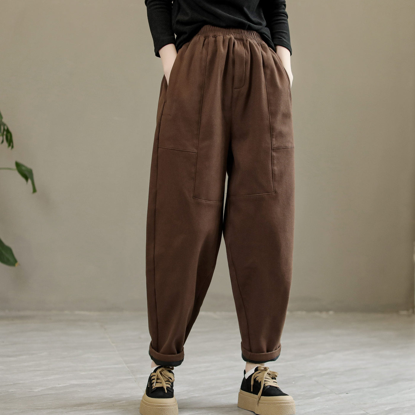 Women Winter Cotton Solid Furred Loose Pants